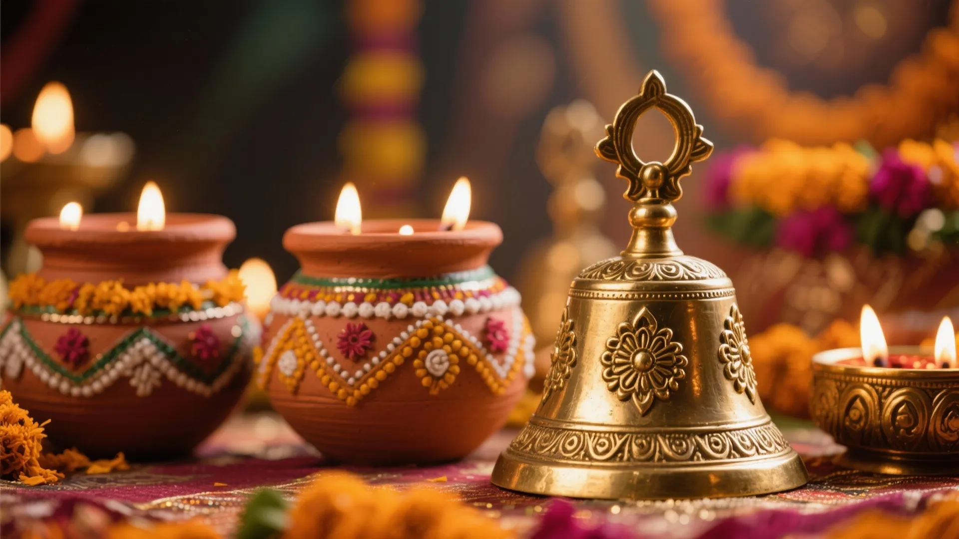 Traditional Indian clay pots with candles next to gold bell and bright orange flower garlands