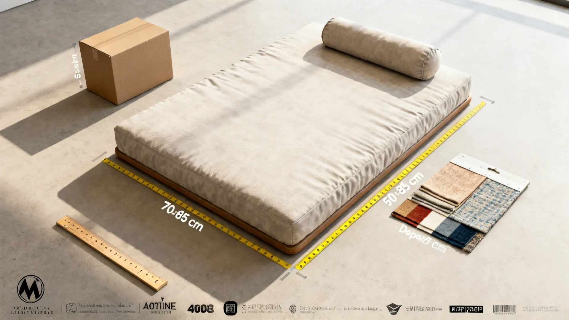 Top-down scene showing circulation clearances, diwan depth scale, and performance fabric swatches.