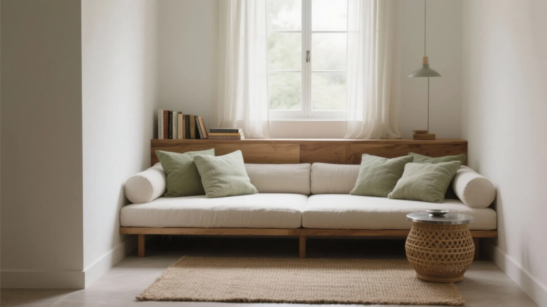 Minimalist white sofa with green cushions sitting under a window with soft natural sunlight flowing