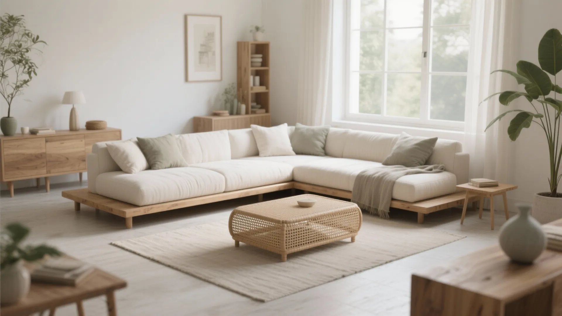 Bright living room featuring a large white corner sofa wooden furniture rug and natural light