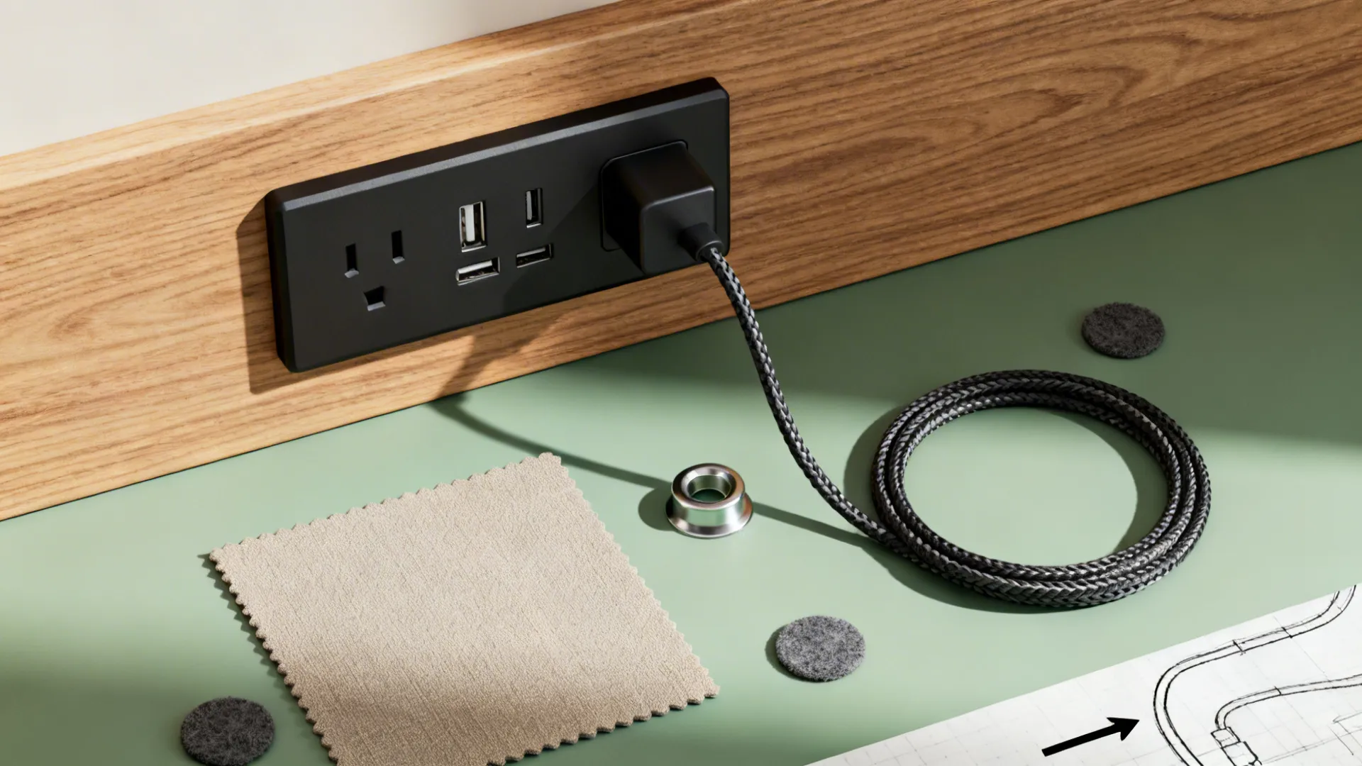 Flat lay showing oak veneer, upholstery, USB outlet, braided cable, and hardware for a powered diwan.