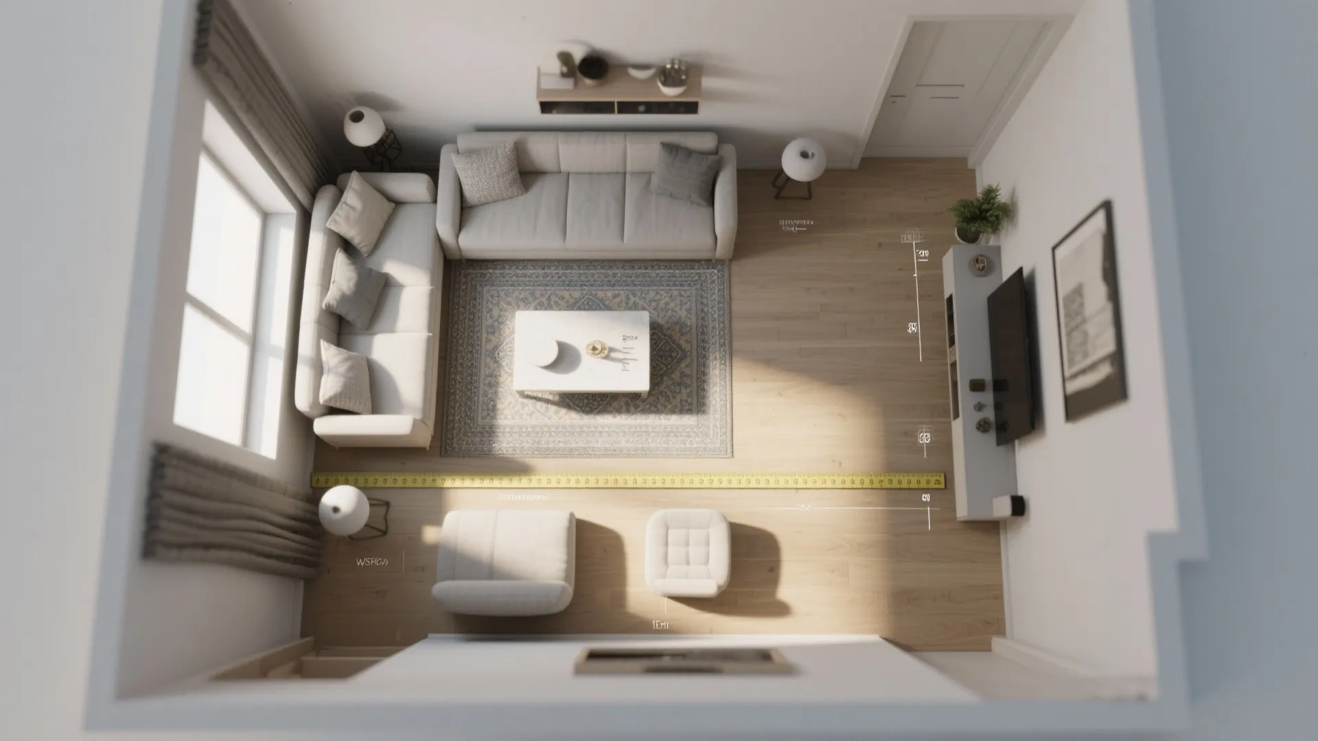 Top view of living room layout showing sofa furniture with measuring tape and room size markings