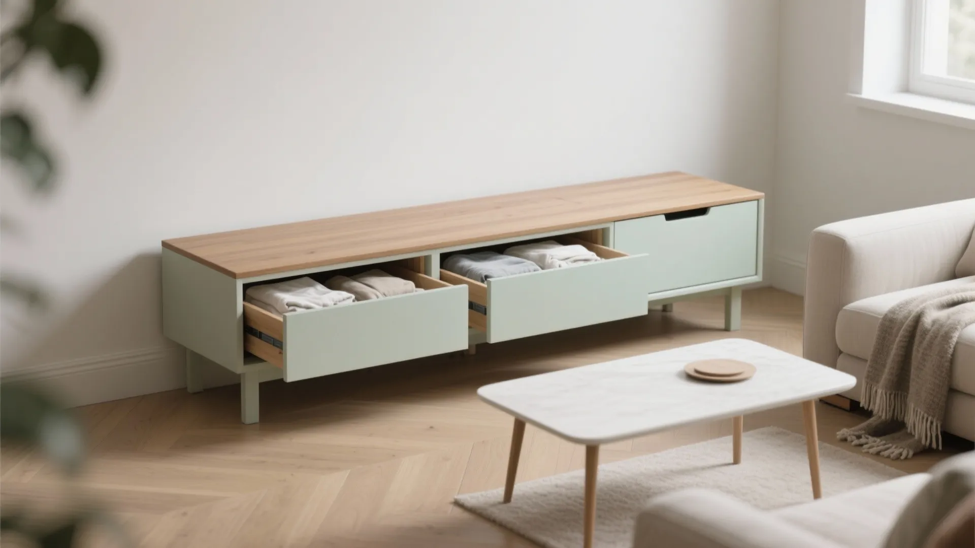 Light green storage cabinet with open drawers showing folded clothes next to a small coffee table
