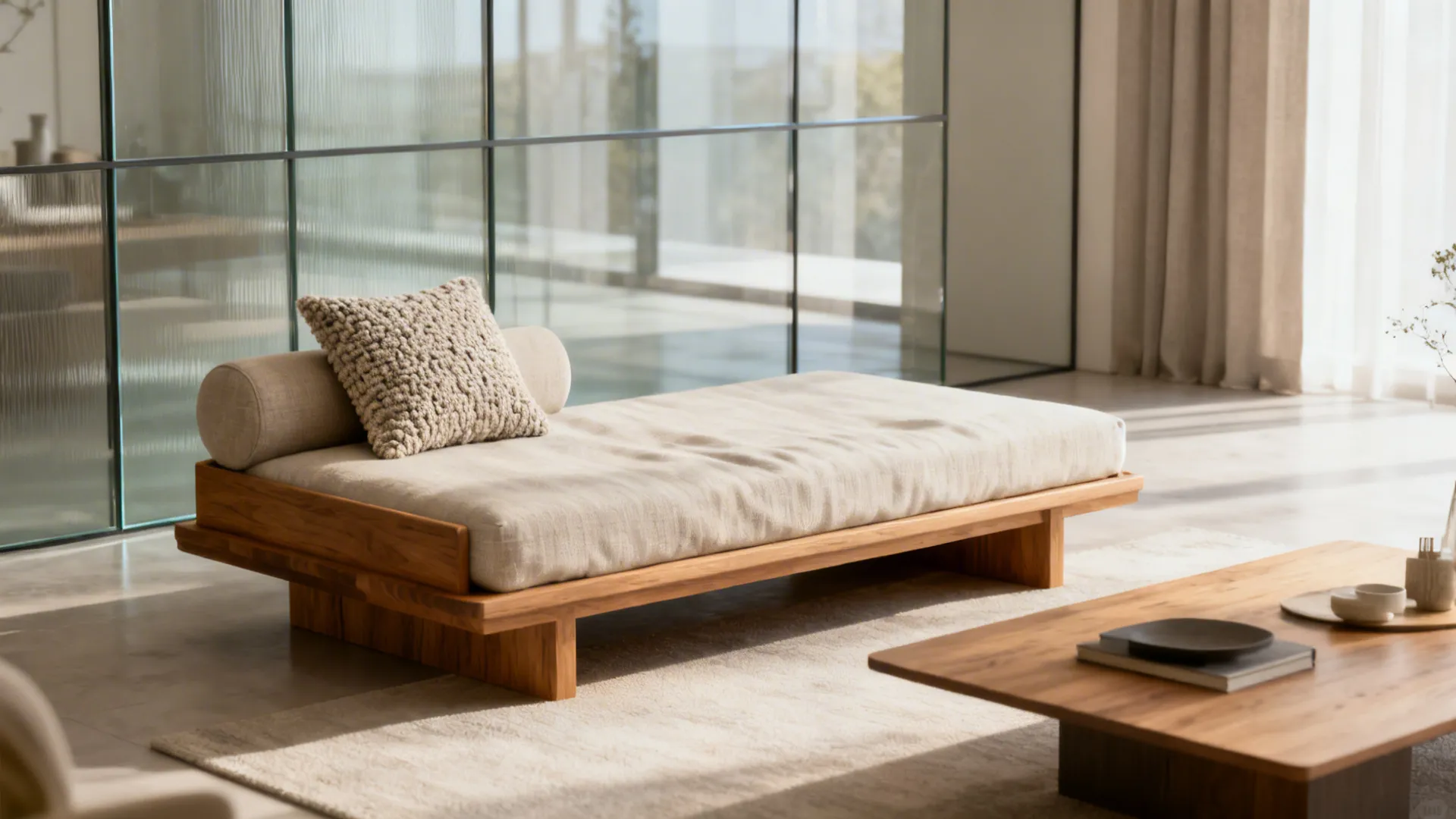 Calm, modern living room with a low-profile diwan, clear walkways, and reflective accents.