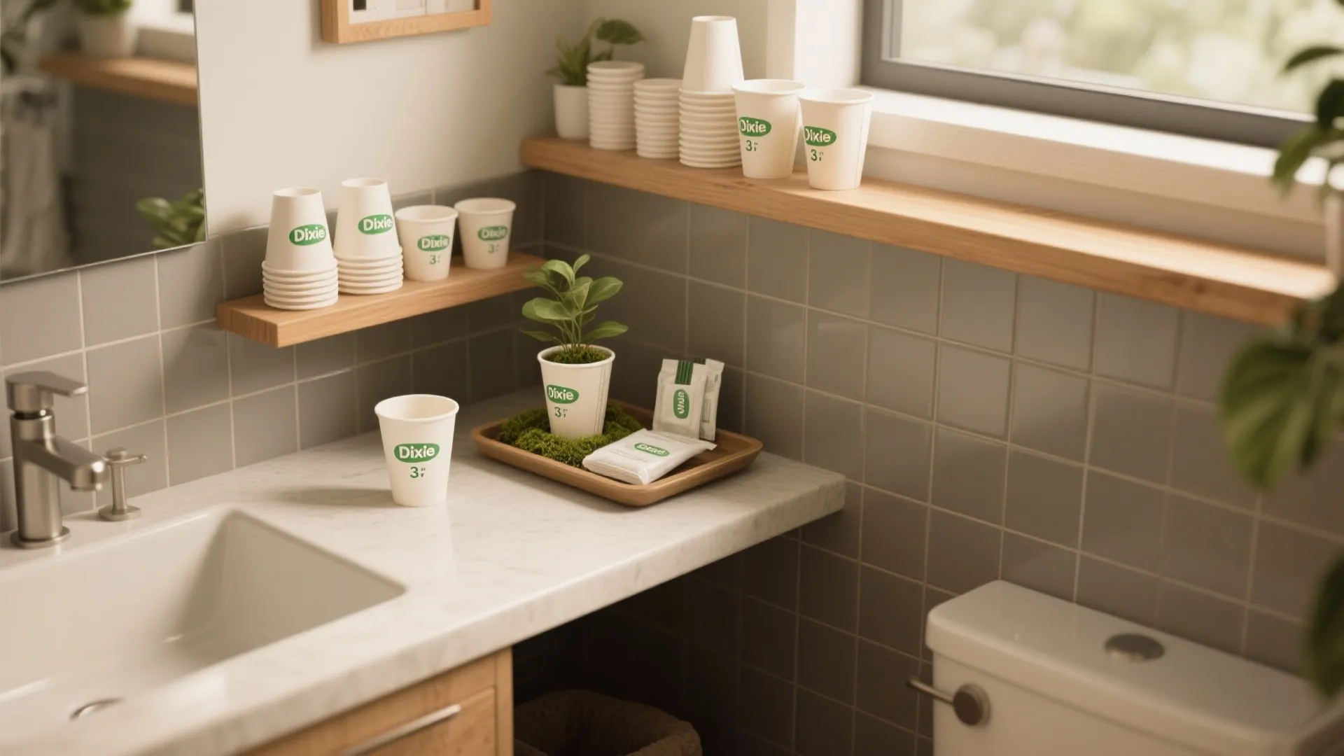 White paper cups on wooden shelves in bathroom with grey wall tiles and a sink