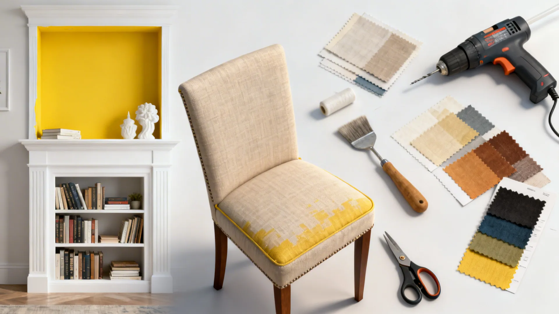 DIY furniture project showing beige chair being painted yellow with tools and various fabric samples
