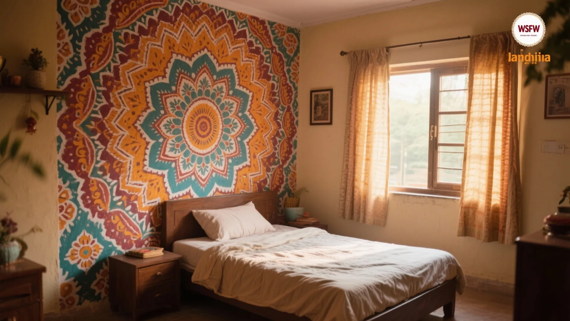 Cozy bedroom featuring a large colorful mandala wall pattern behind a wooden bed with white sheets