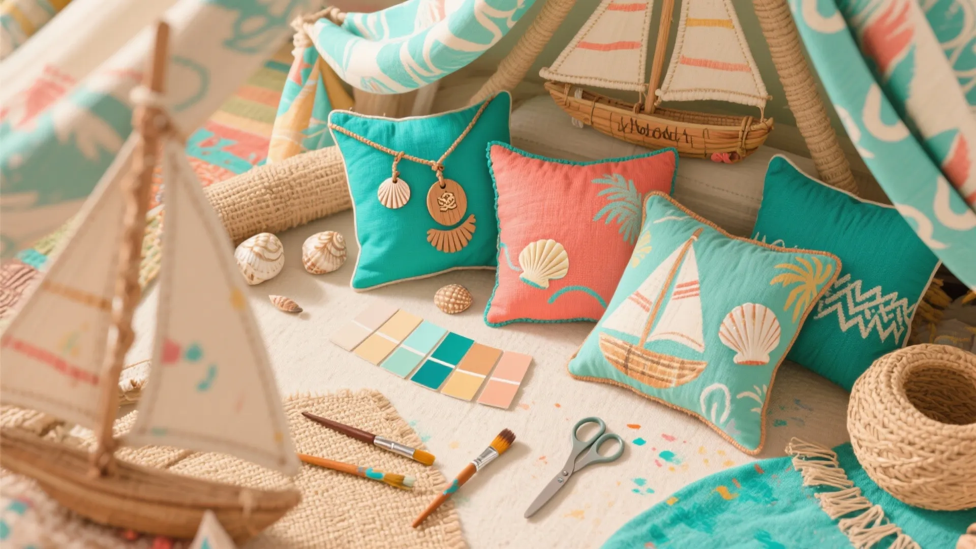 Flatlay of DIY pillows, hand-painted shells, and sail-shaped canopy textiles in island palette.