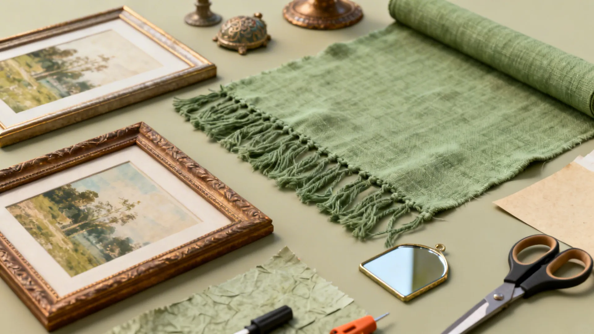 Flatlay of framed prints, fabric wall hanging, thrifted accents and tools for DIY decor in a small living room.