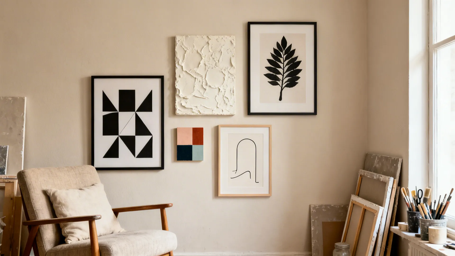 Cozy neutral corner displaying a balanced mix of DIY art styles.