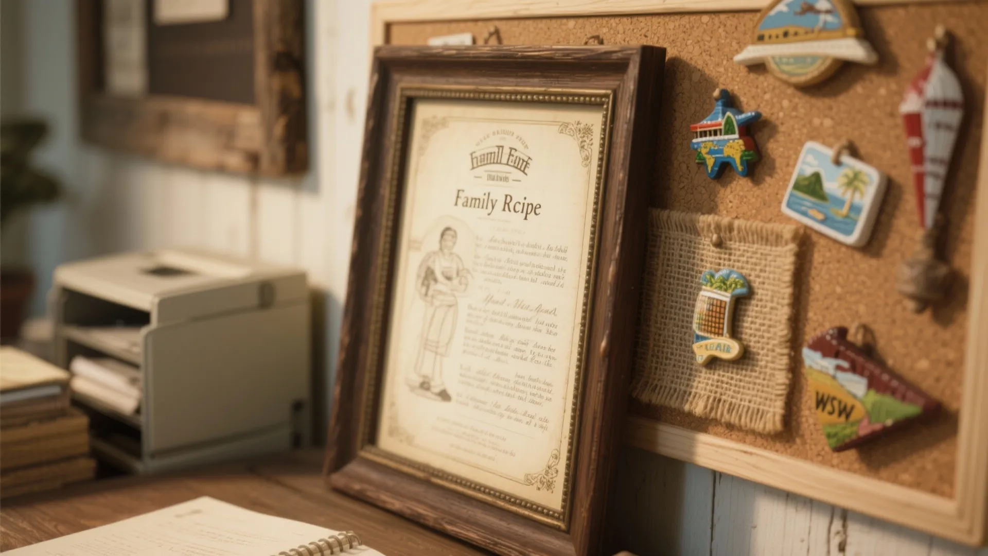 Wooden framed family recipe print sitting on a desk next to a cork board organizer
