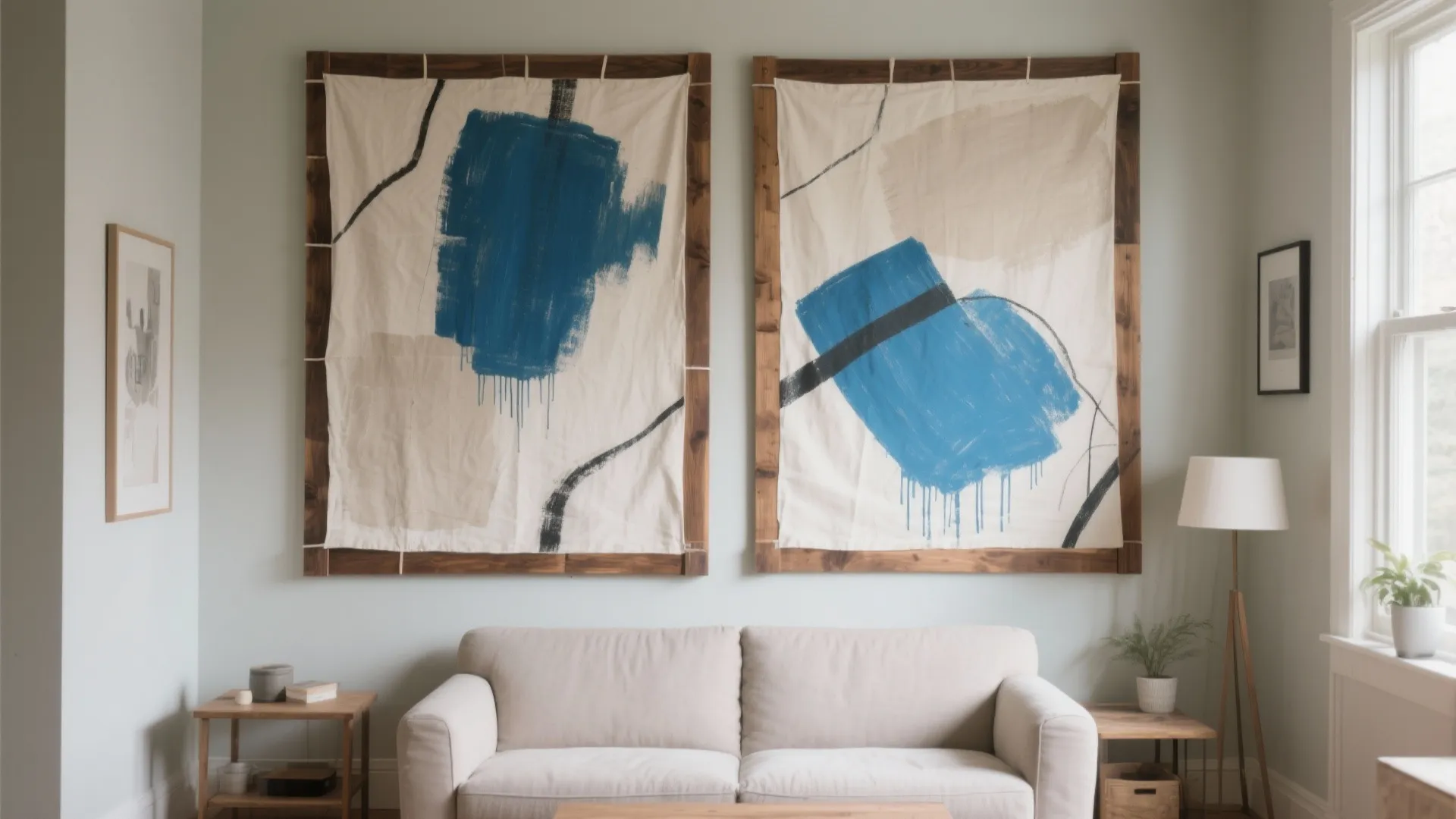 Small living room featuring large DIY abstract diptych with pine strip frames above a neutral sofa.