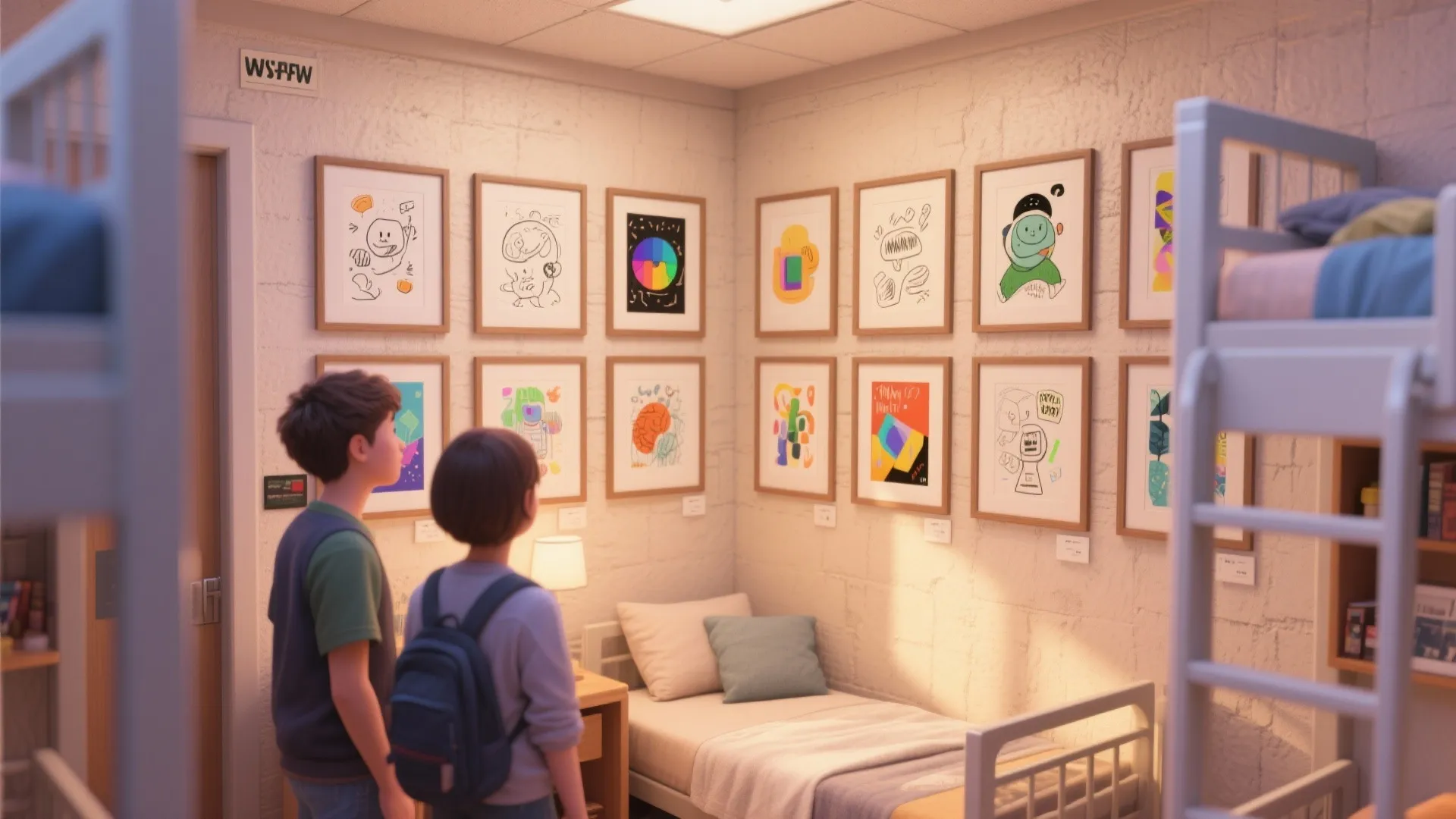 Two students looking at framed colorful drawings on a white wall inside a small bedroom dorm