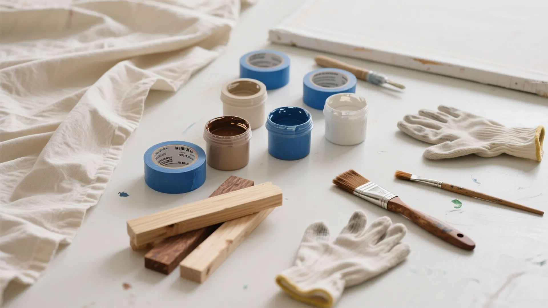 Flatlay of drop cloth, acrylics, masking tape, pine strips, stain, and brushes for DIY wall art.