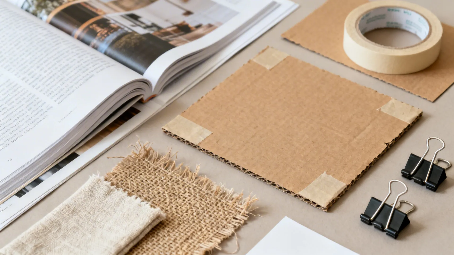 Craft materials including cardboard pieces tape fabric scraps and metal clips on a flat work table