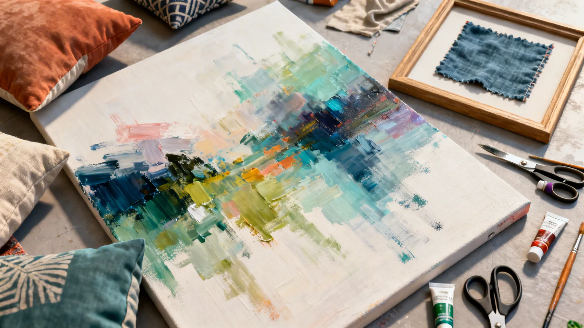 Abstract canvas painting on floor surrounded by colorful pillows scissors paint tubes and framed fabric