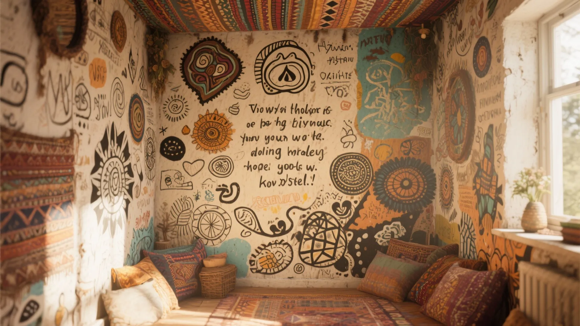 Room corner with murals, doodles, and quotes on wall