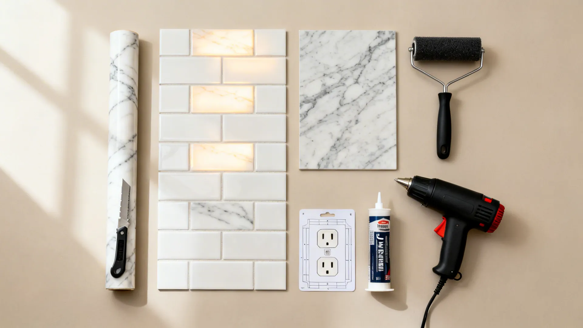 Flat lay of DIY tiling tools including marble tiles roller heat gun glue and wall outlet