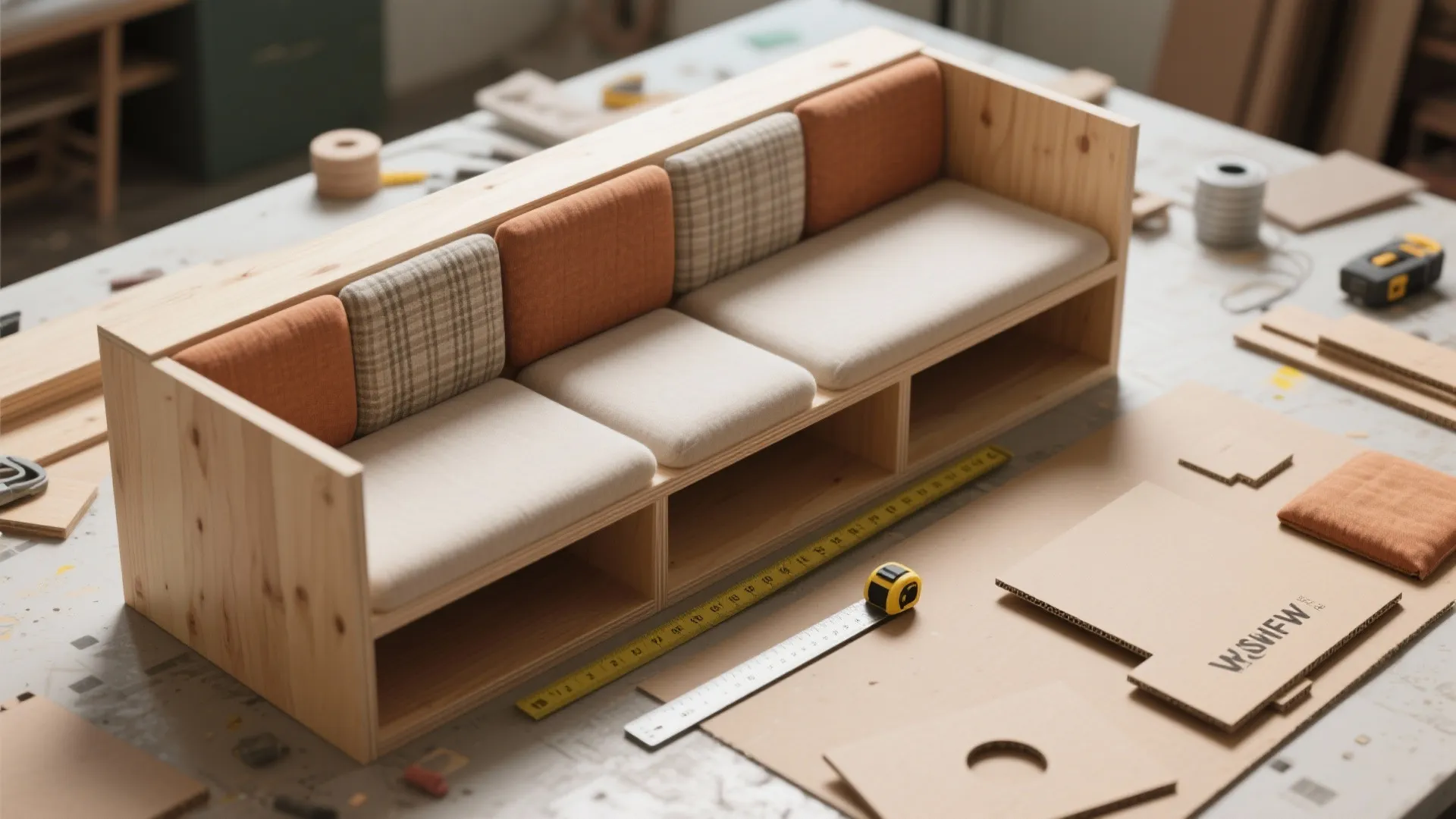 Top-down DIY banquette materials including plywood boxes, foam cushions and removable fabric covers