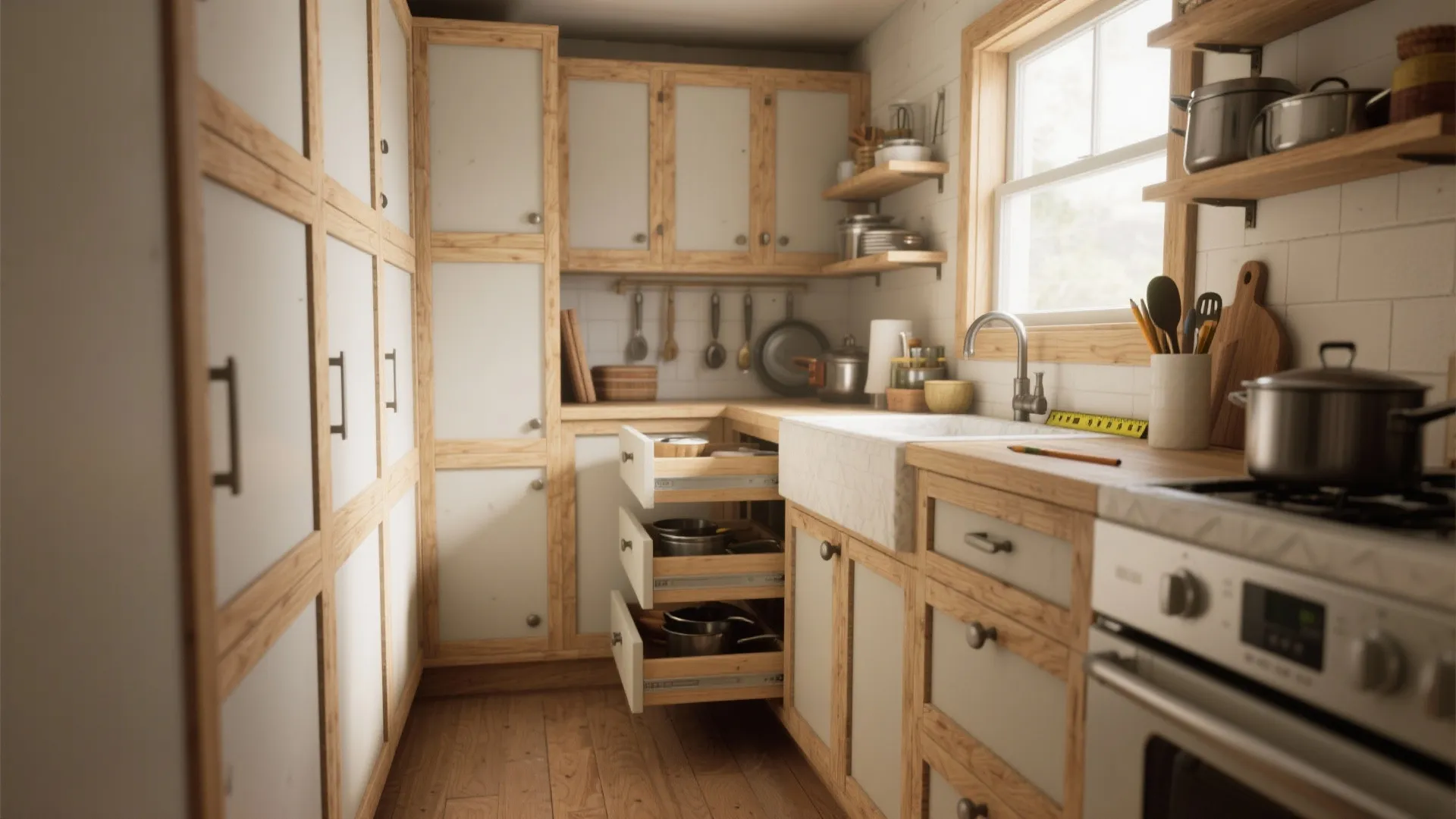 Rustic kitchen interior featuring wooden cabinets with open drawers holding pots and a white sink