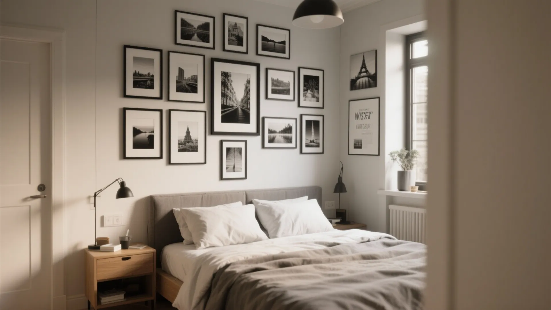 Bedroom with a large gallery wall of black framed photos above a grey fabric bed