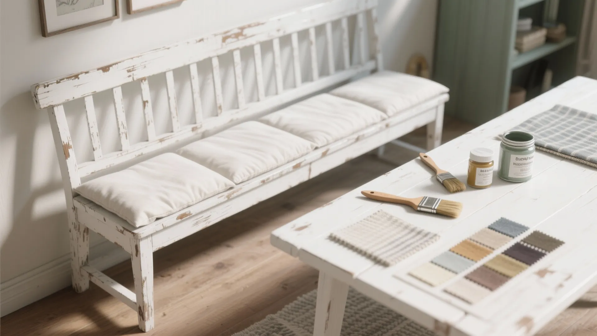 Flatlay of a thrifted bench painted white with fabric swatches and paint samples for DIY refresh ideas.