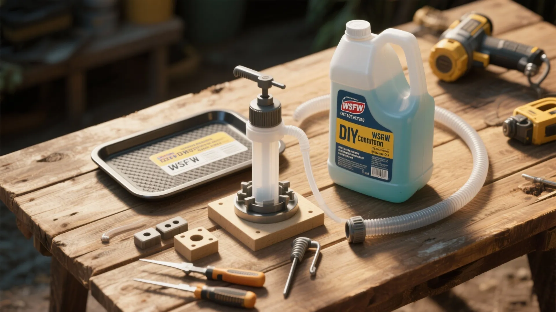 Flatlay of a DIY bottle-to-pump kit with siphon pump, tray, tubing, and labels on wood