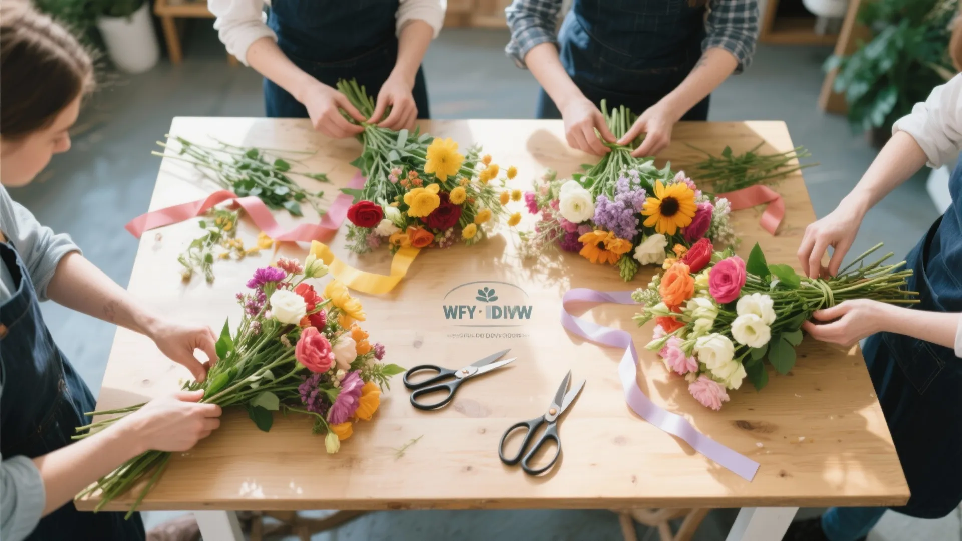 People arranging colorful flower bouquets on a wooden table with scissors and ribbons in office