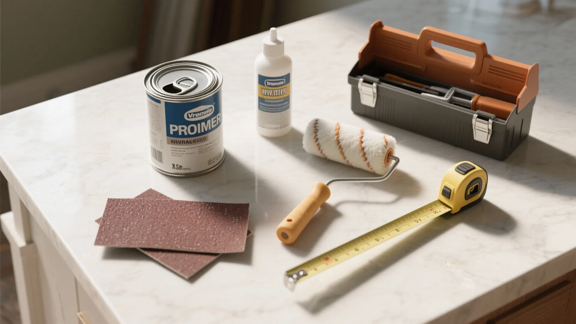 Renovation tools on marble surface including paint can roller sandpaper measuring tape and plastic toolbox