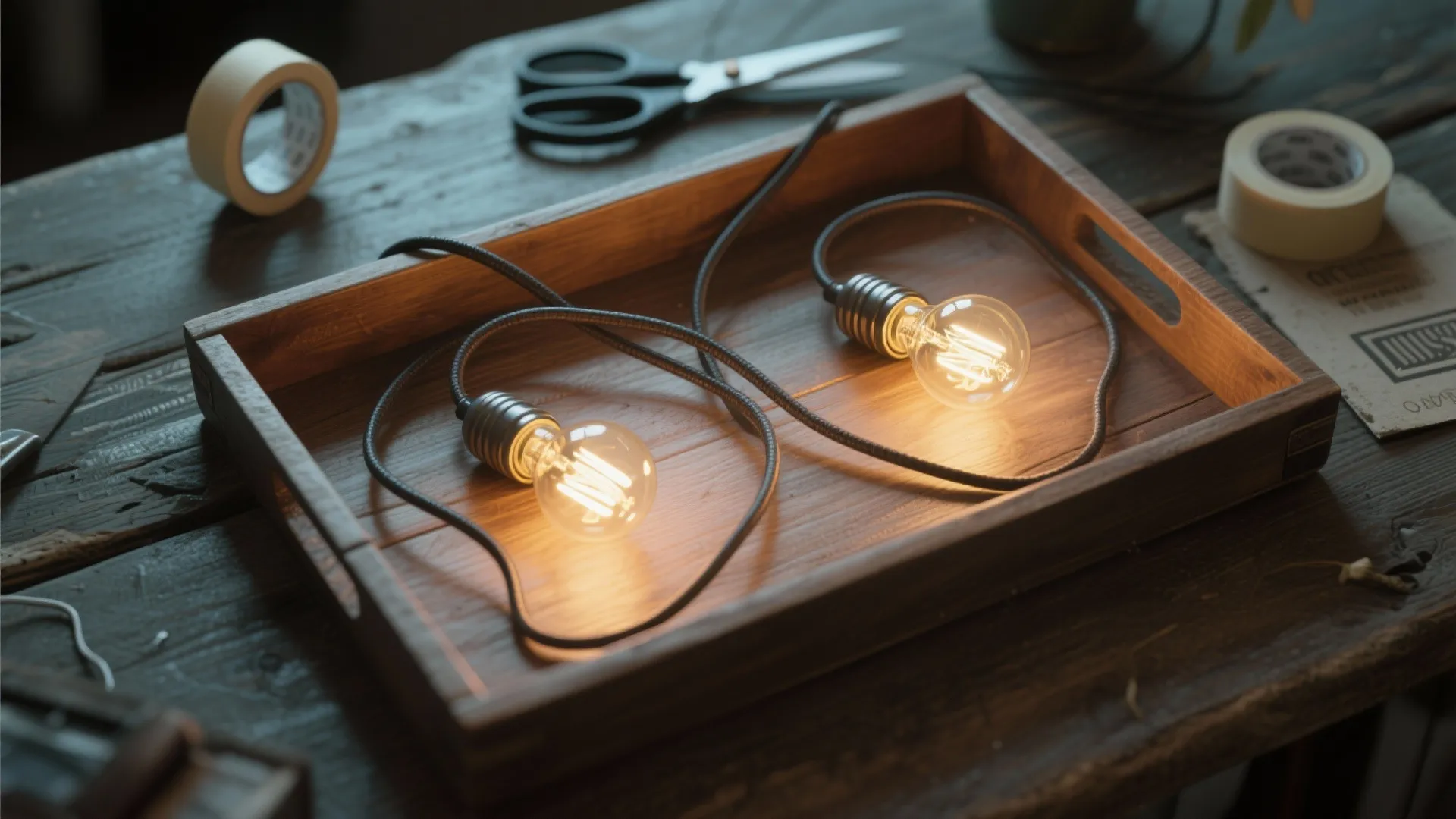 Top-down view of a wooden tray with two Edison bulbs and exposed cords arranged as a DIY tabletop vignette.