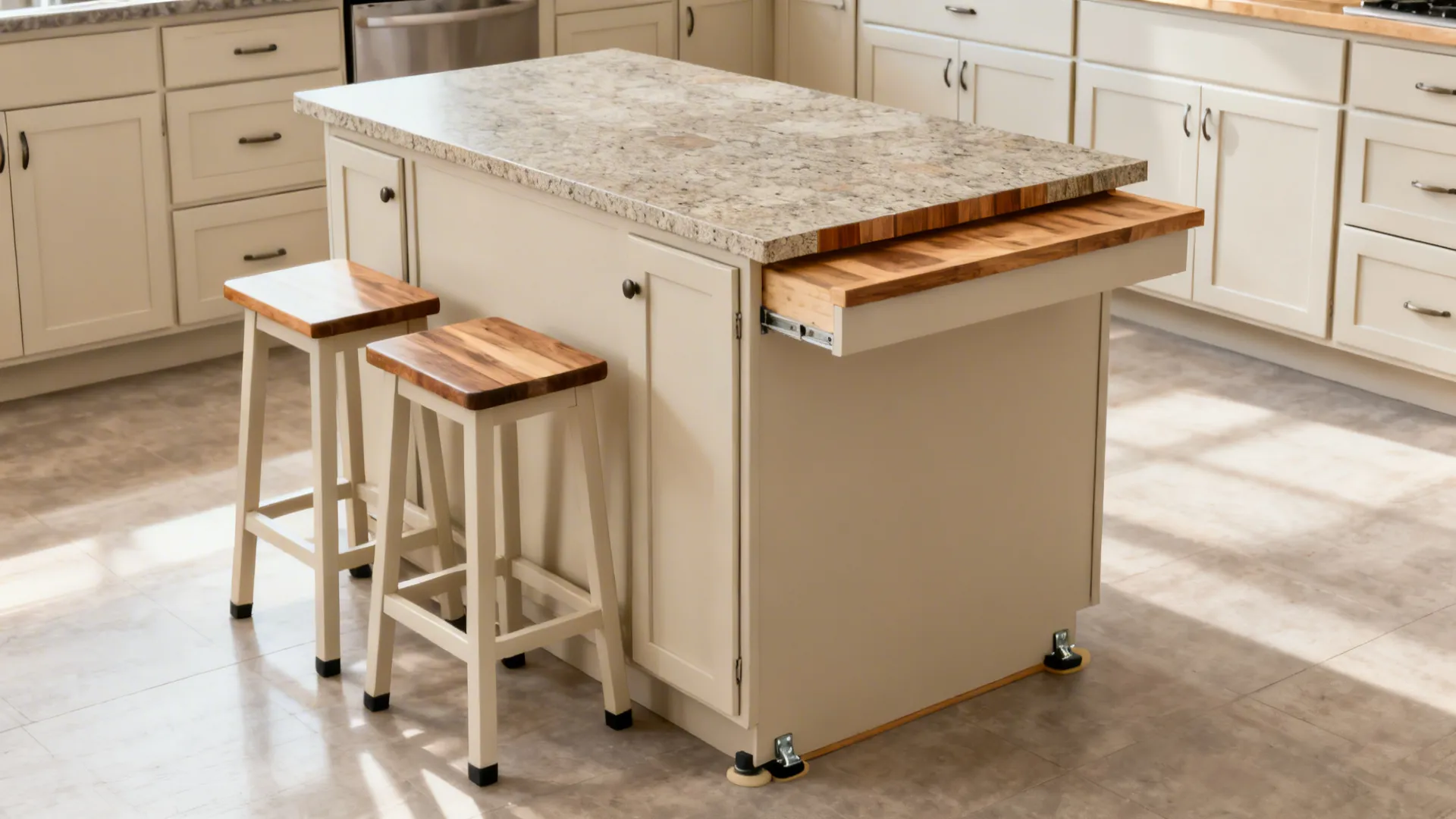 DIY island built from stock base cabinets with a budget laminate or butcher-block top and seating overhang.