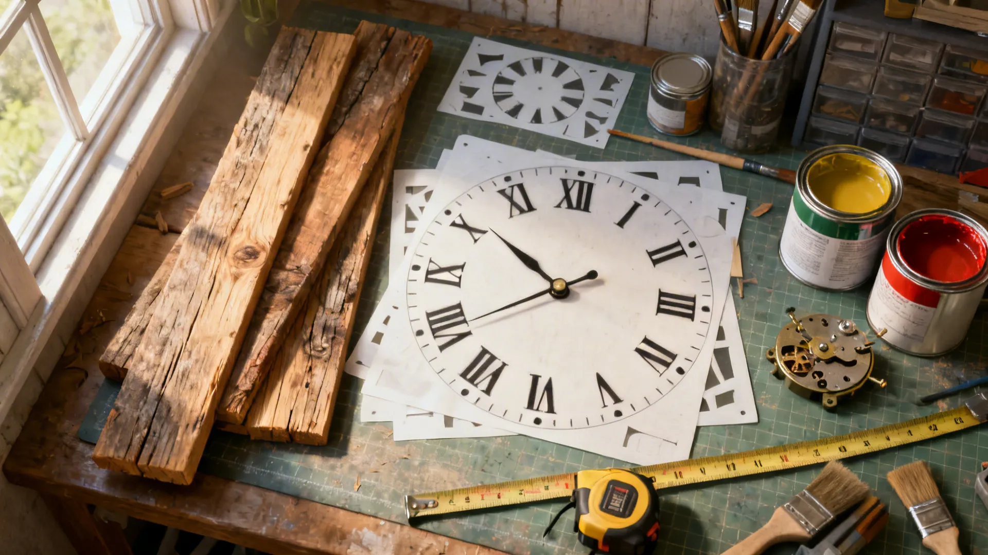 Top-down flatlay of DIY oversized clock materials including reclaimed wood and clock mechanism.