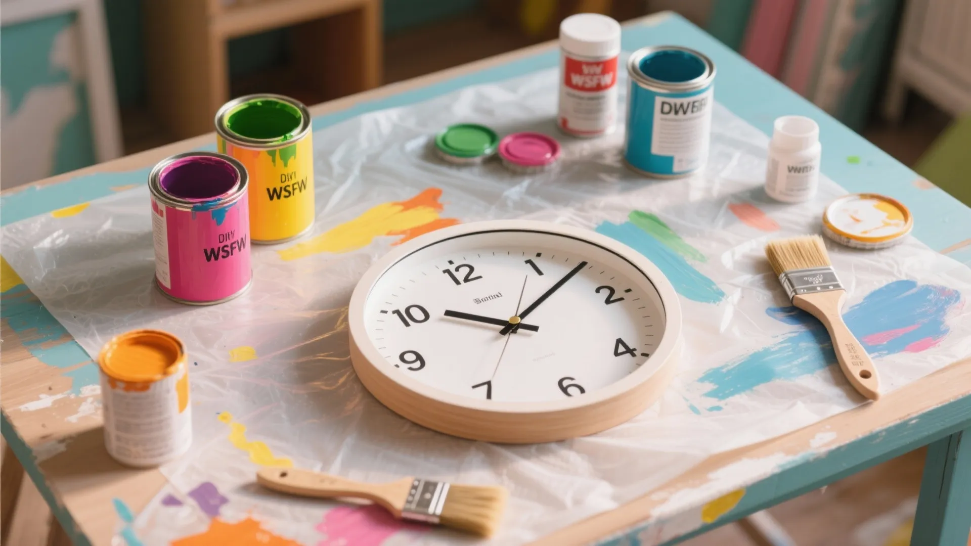 Flat lay of DIY clock painting materials with bright paints
