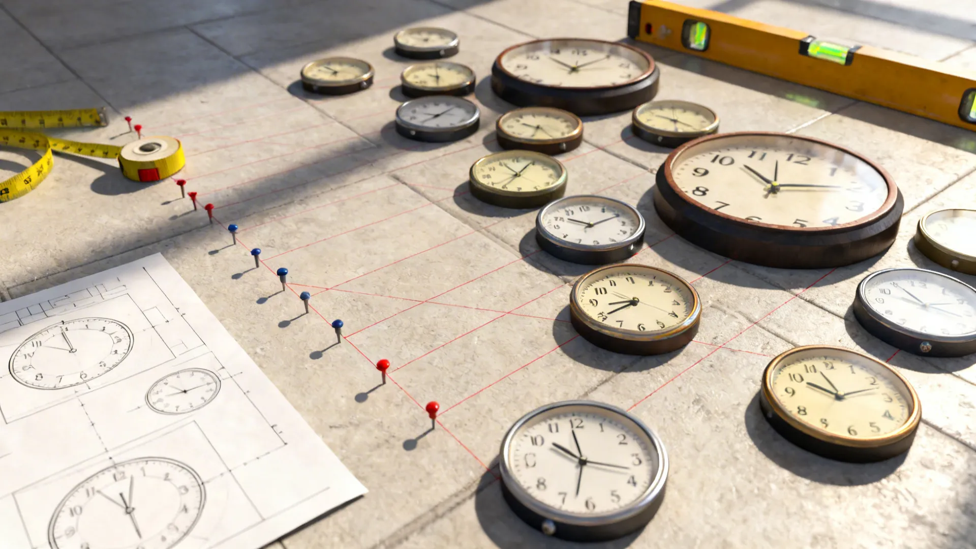 Top-down view of a DIY cluster clock layout with small clocks, templates, and tools on the floor