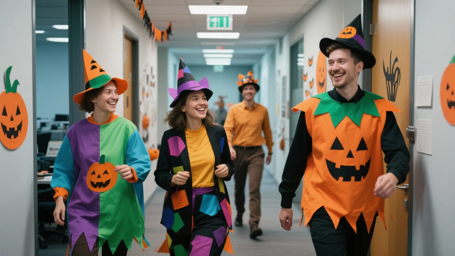 Happy coworkers walking through an office hallway wearing pumpkin and witch hats for Halloween celebration