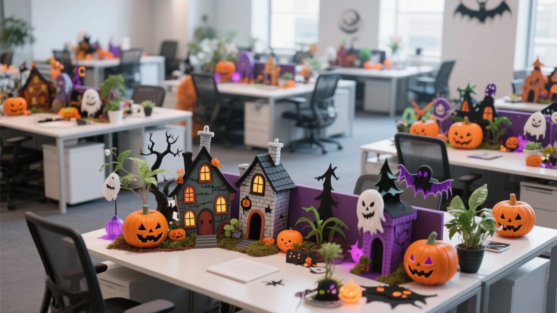 Office desks decorated for Halloween with small haunted houses orange pumpkins and paper ghost figures