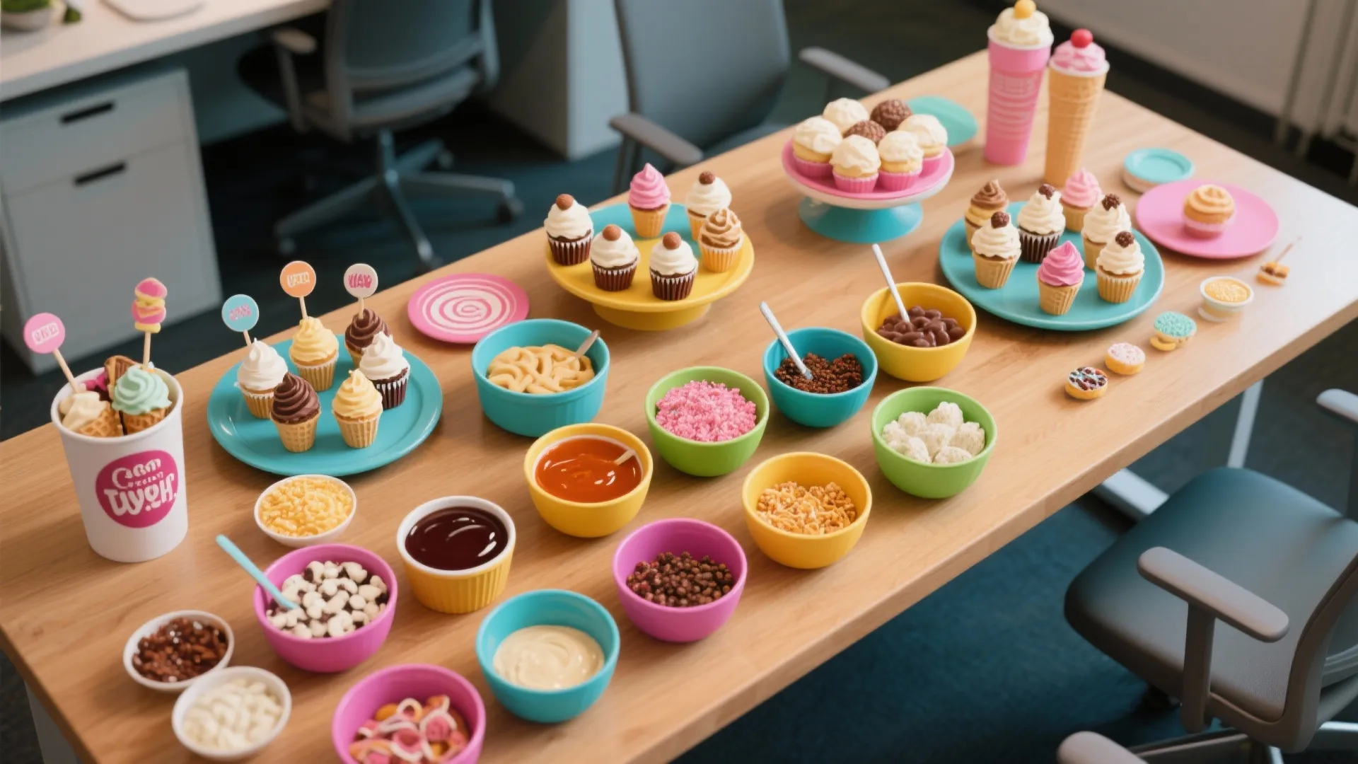 Wooden table covered with colorful cupcakes ice cream cones and many small bowls of toppings