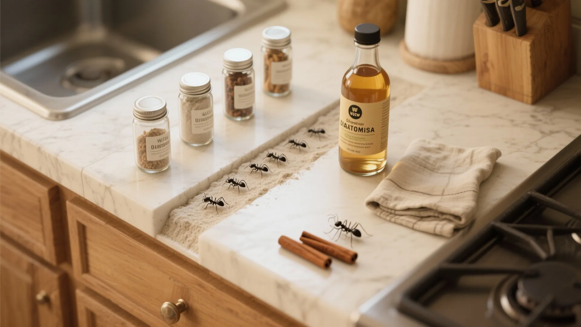 Ants marching on a kitchen counter near glass jars of spices and a liquid bottle