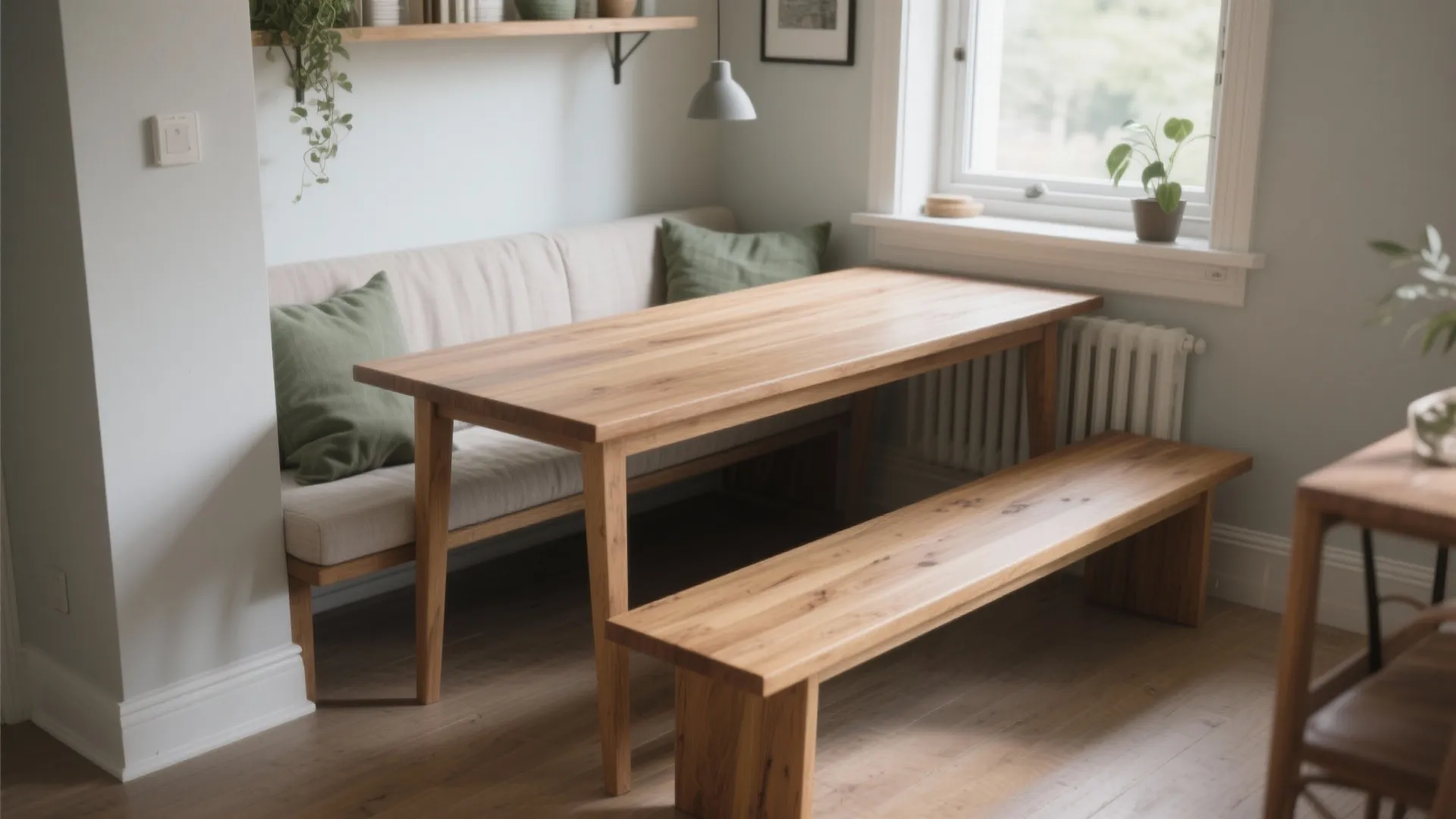Minimalist dining room set with wooden table plus bench and upholstered wall seat with green pillows