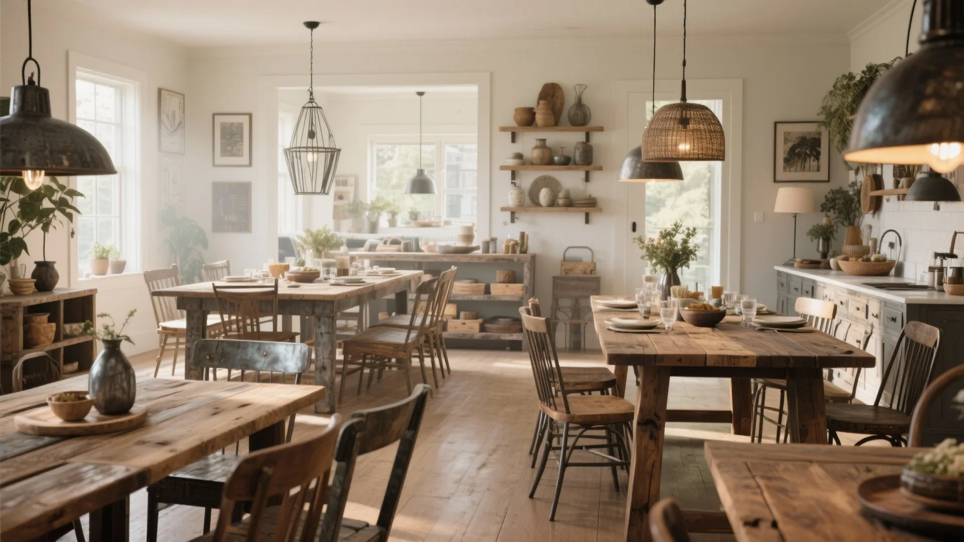 Spacious dining area with several wooden tables chairs ceiling lights shelves and natural window light