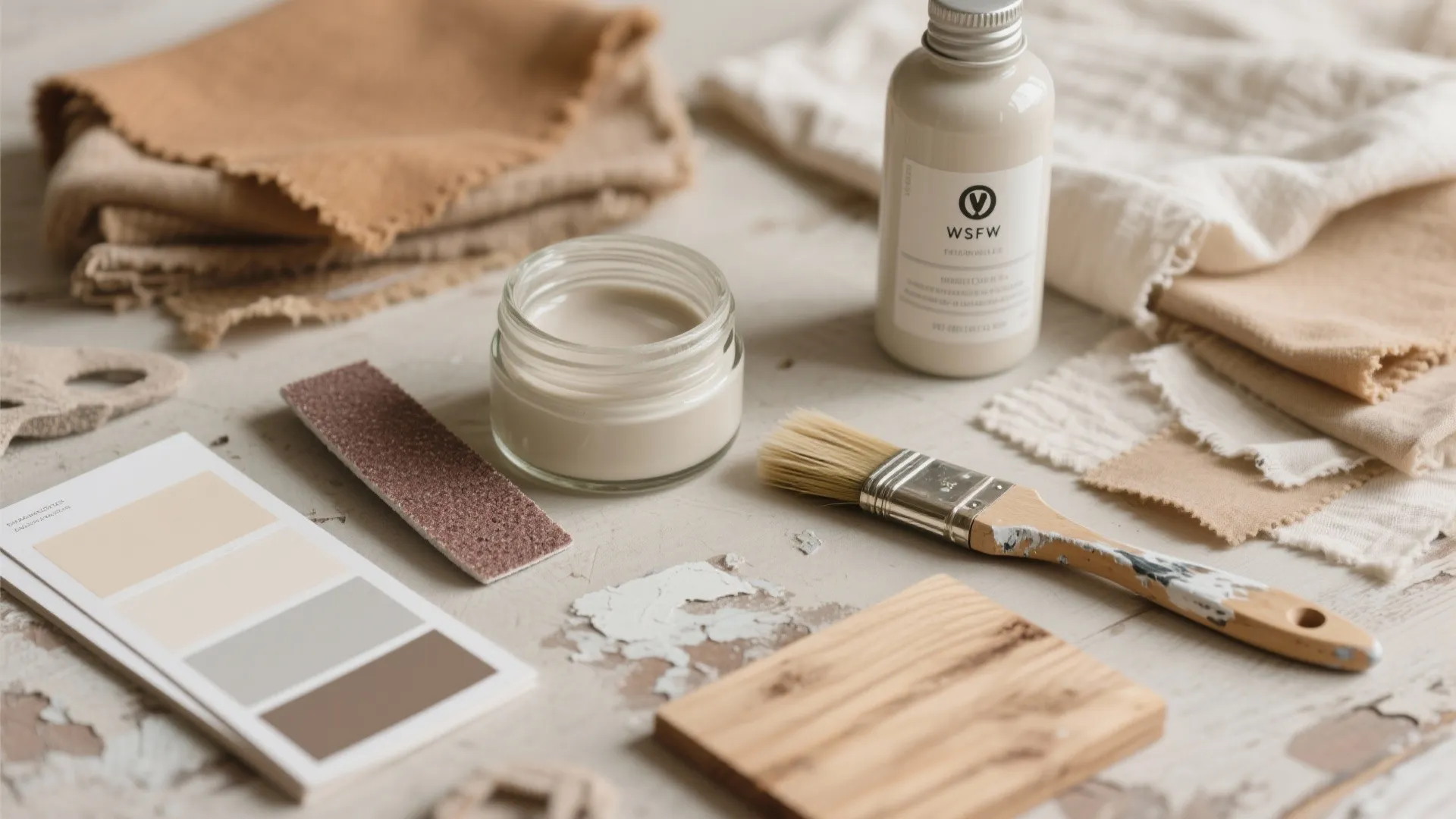 Flatlay of DIY distressing tools and fabric swatches for distressed white furniture