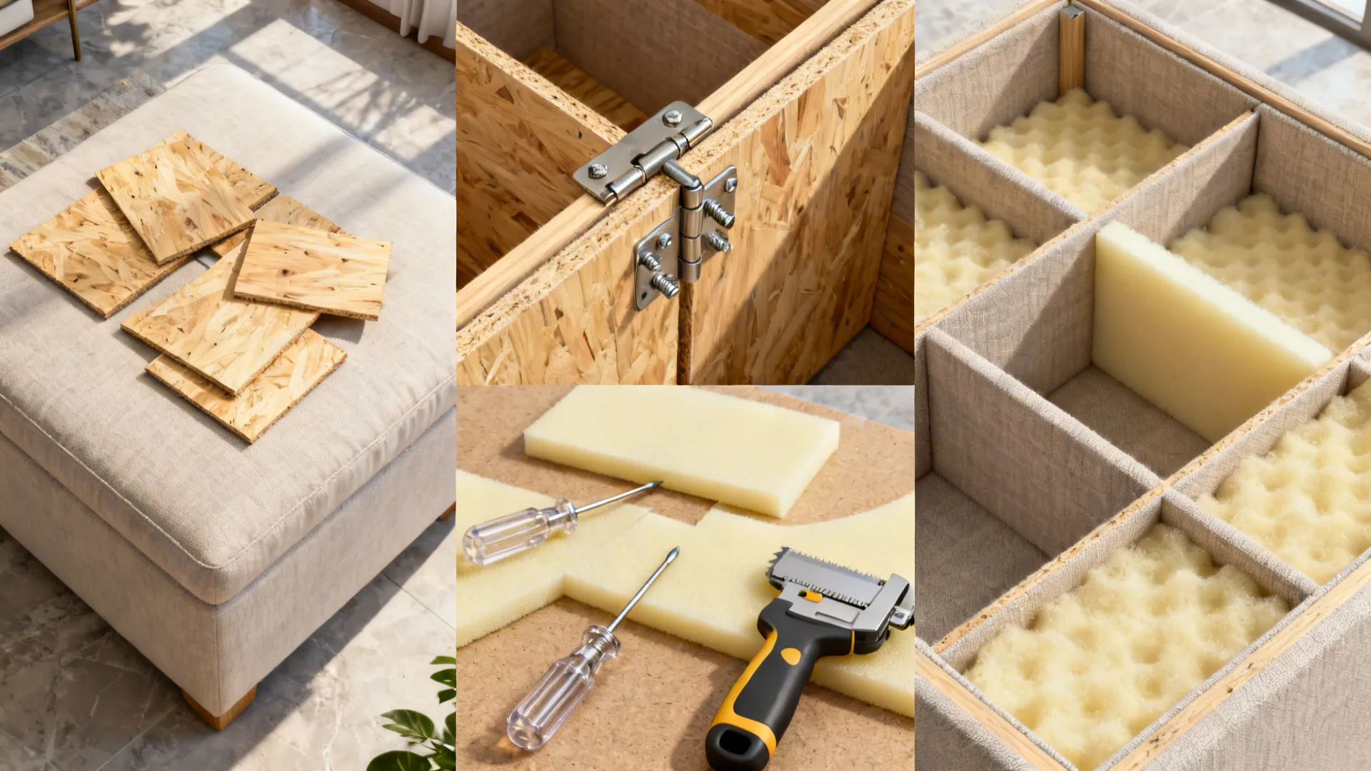 Top-down DIY process showing steps to add internal dividers to an ottoman.