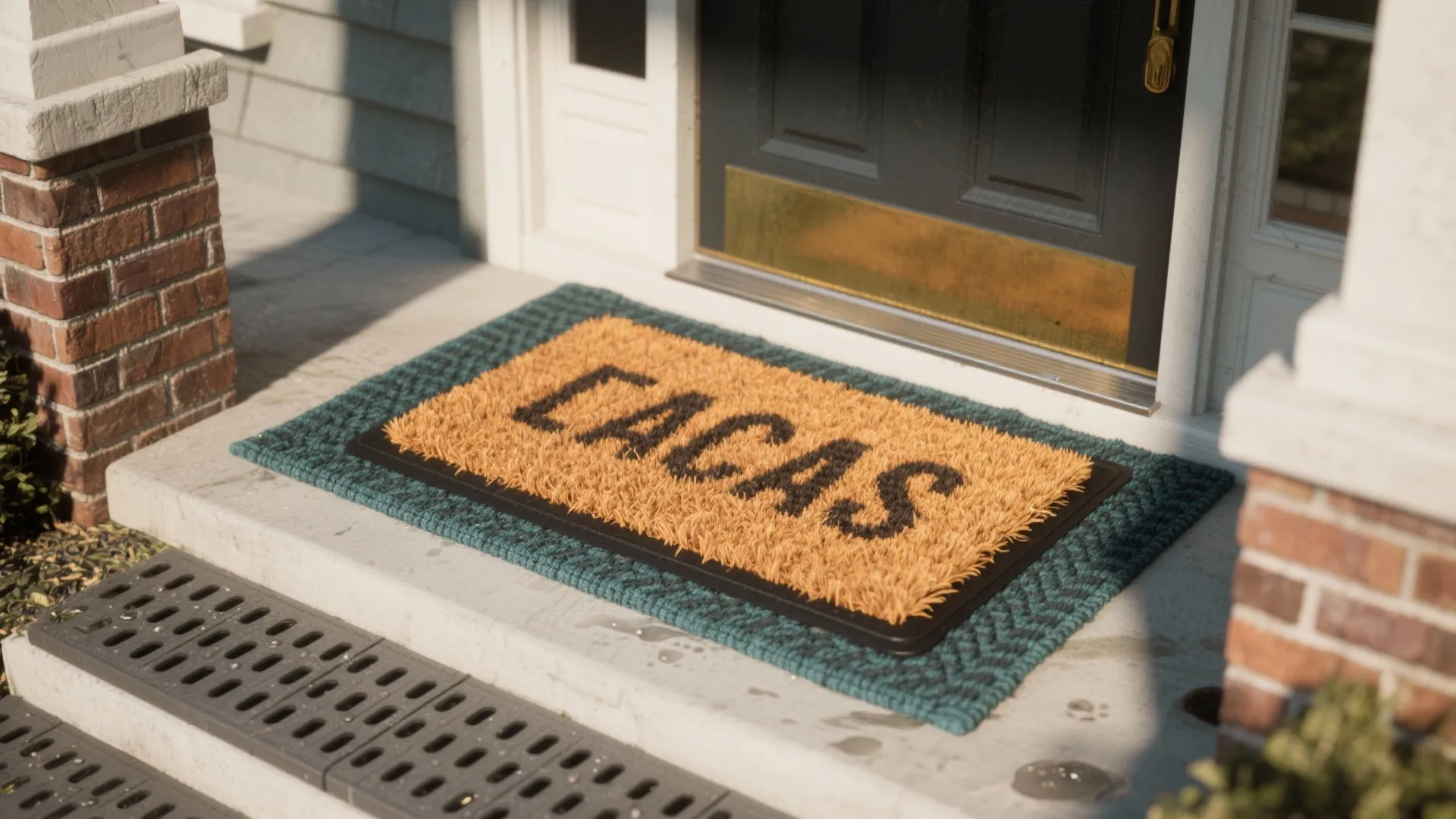 Front door entryway showing a brown door mat with black letters on a grey step