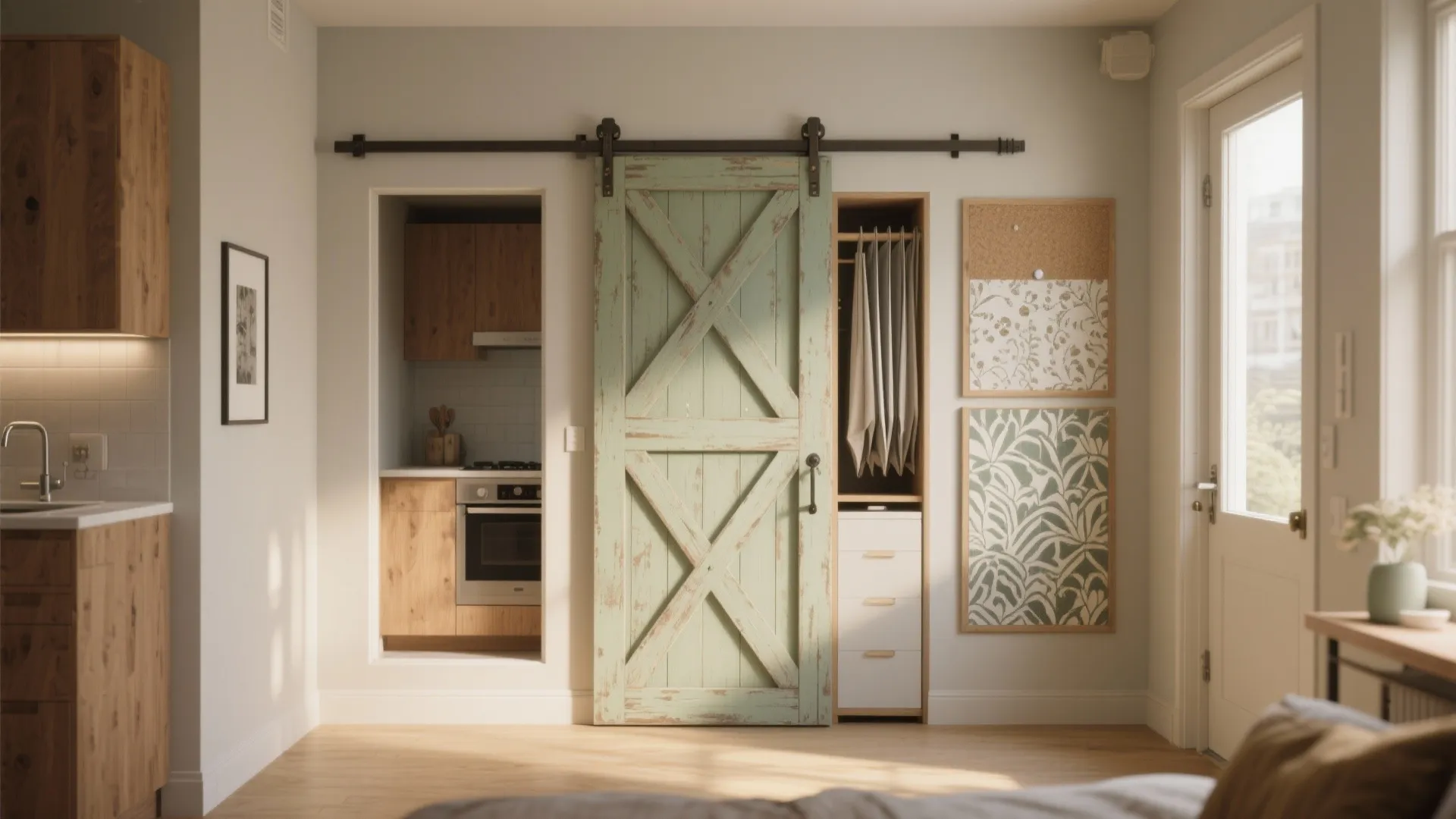 Light green sliding wood door in a room near a kitchen and a small closet