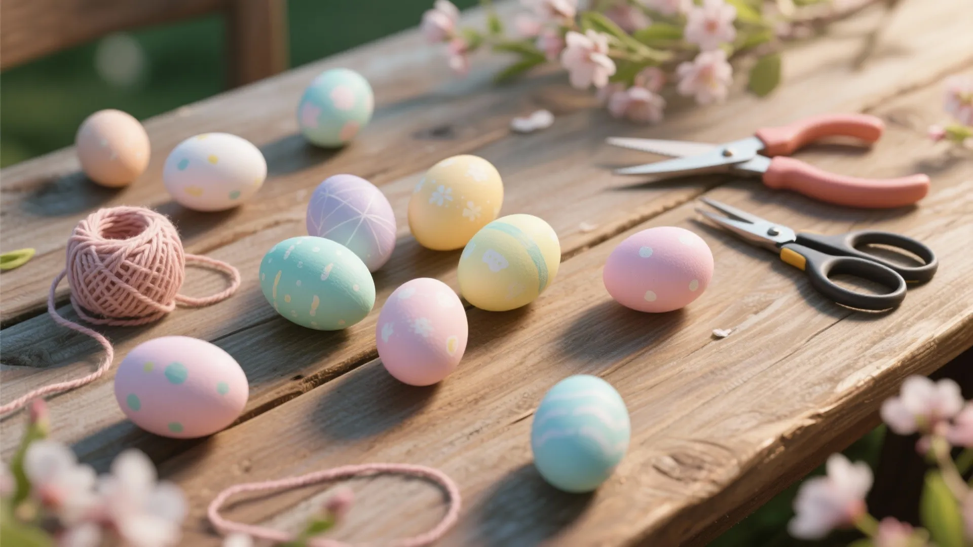 Colorful pastel easter eggs on a wooden table with scissors pink string and small flowers