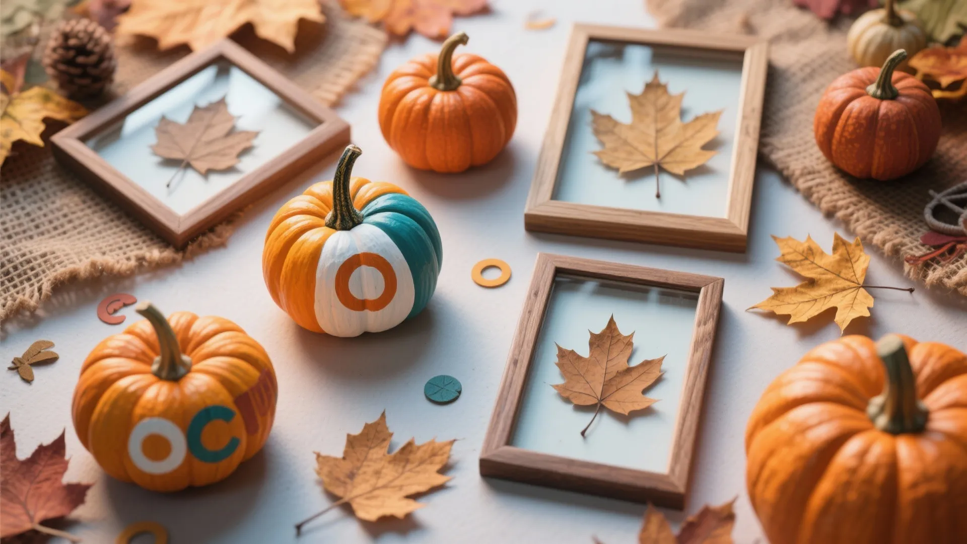 Decorative fall crafts featuring orange pumpkins and framed autumn leaves on a light colored surface