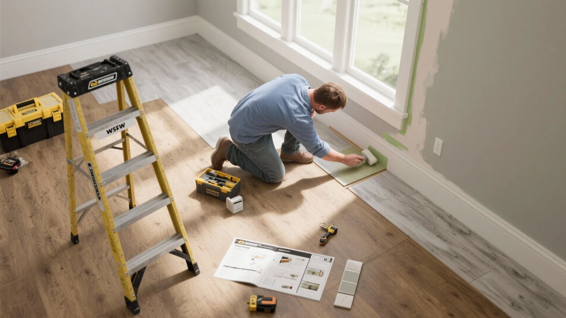 Man painting a wall panel near window with tools and yellow ladder on wood floor
