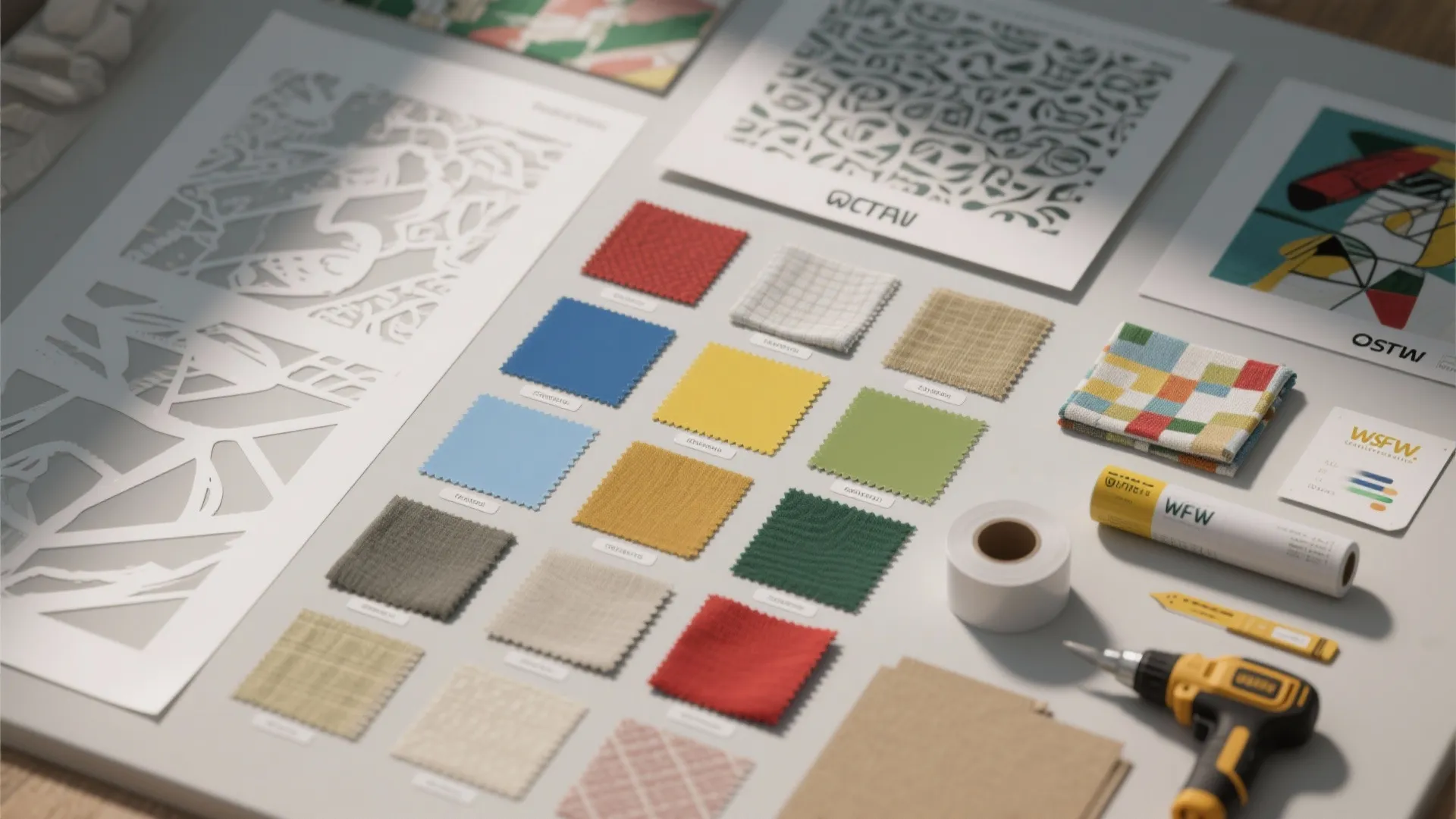 Top-down flatlay of removable wallpaper swatches, fabric samples, paint chips and stencils for DIY themed room projects.