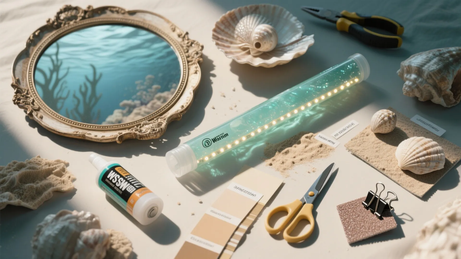Flat lay of craft materials with sea shells mirror scissors and glowing blue light tube accessory