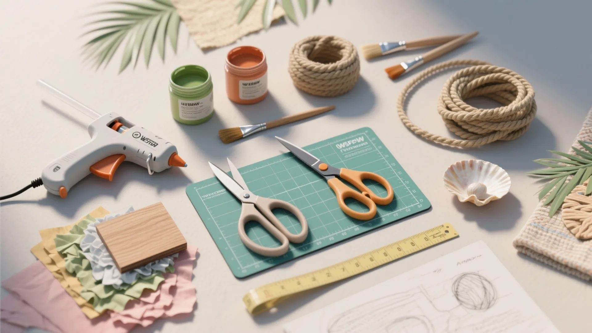 Top-down flatlay of DIY tools and materials: glue gun, scissors, crepe paper, rope, faux shells, and measuring tape for tropical crafts.